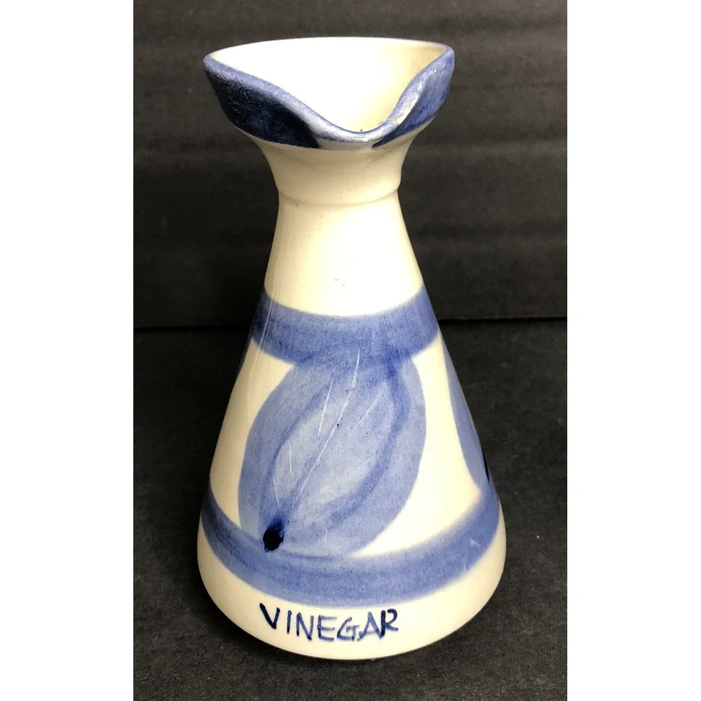Corfu Pottery Vinegar & Oil Bottles Hand Made Blue and White Leaf Design READ
